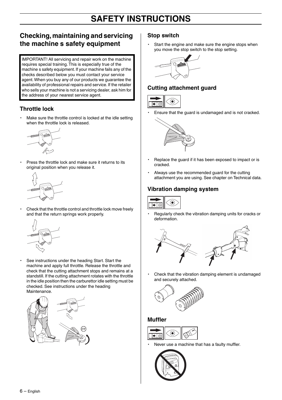 Throttle lock, Stop switch, Cutting attachment guard | Vibration damping system, Muffler, Safety instructions | Husqvarna 325LD User Manual | Page 6 / 40