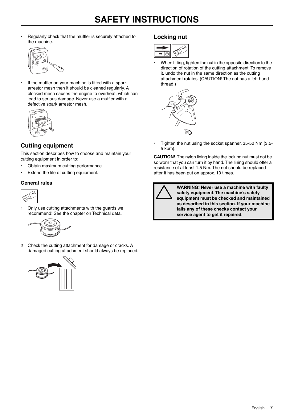Cutting equipment, Locking nut, Safety instructions | Husqvarna 325LD User Manual | Page 7 / 40