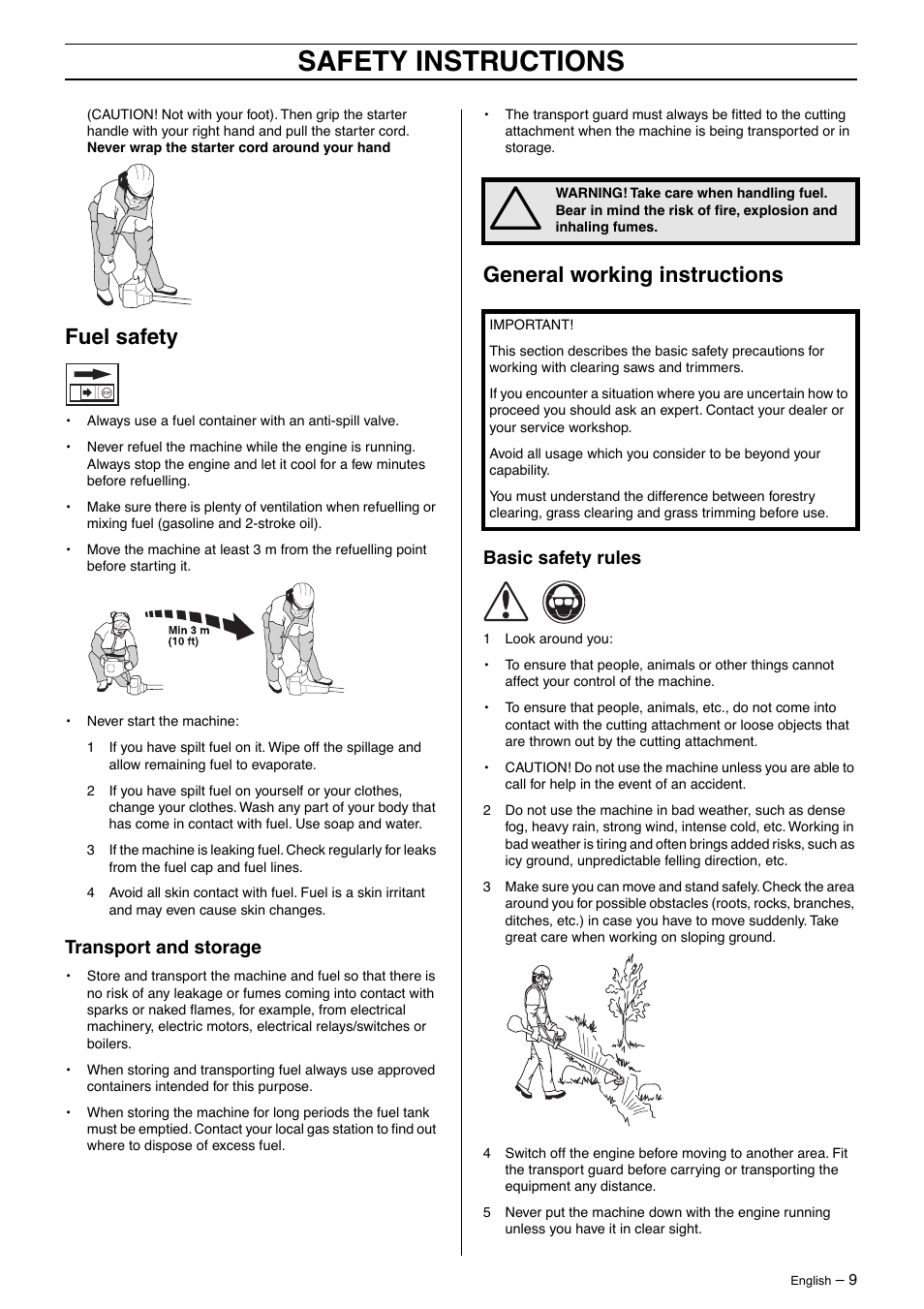 Fuel safety, Transport and storage, General working instructions | Basic safety rules, Safety instructions | Husqvarna 325LD User Manual | Page 9 / 40