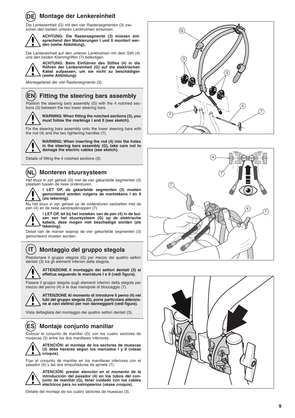 De en nl it es, Montage der lenkereinheit, Fitting the steering bars assembly | Montaggio del gruppo stegola, Monteren stuursysteem, Montaje conjunto manillar | Husqvarna TB1000 User Manual | Page 10 / 44