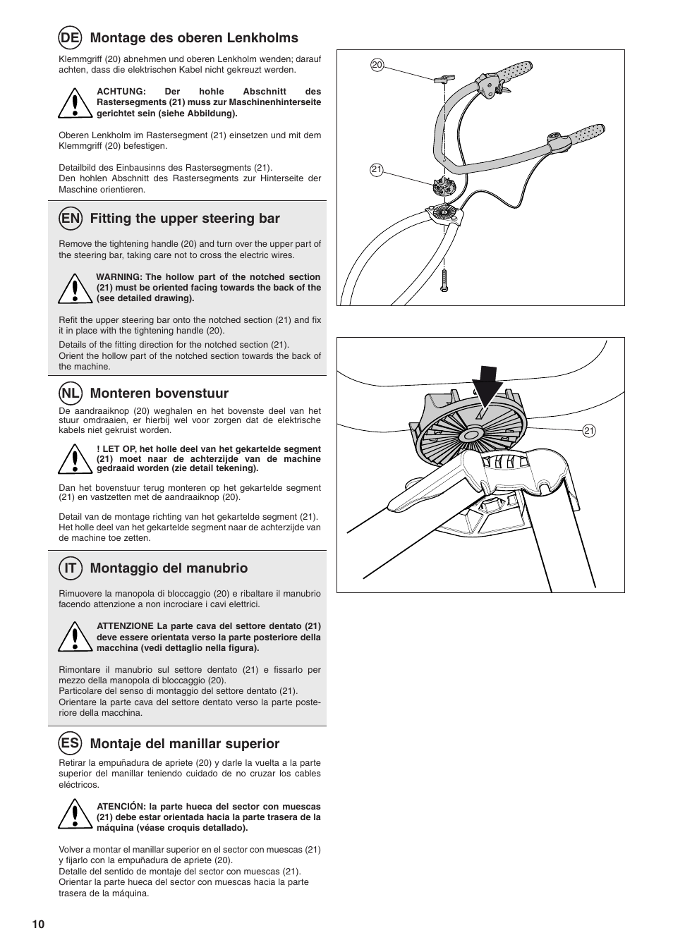 De en nl it es, Montage des oberen lenkholms, Fitting the upper steering bar | Montaggio del manubrio, Monteren bovenstuur, Montaje del manillar superior | Husqvarna TB1000 User Manual | Page 11 / 44