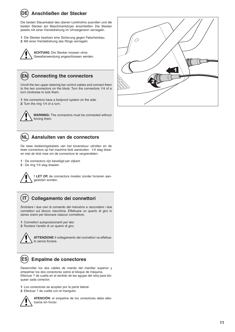 De en nl it es, Anschließen der stecker, Connecting the connectors | Collegamento dei connettori, Aansluiten van de connectors, Empalme de conectores | Husqvarna TB1000 User Manual | Page 12 / 44