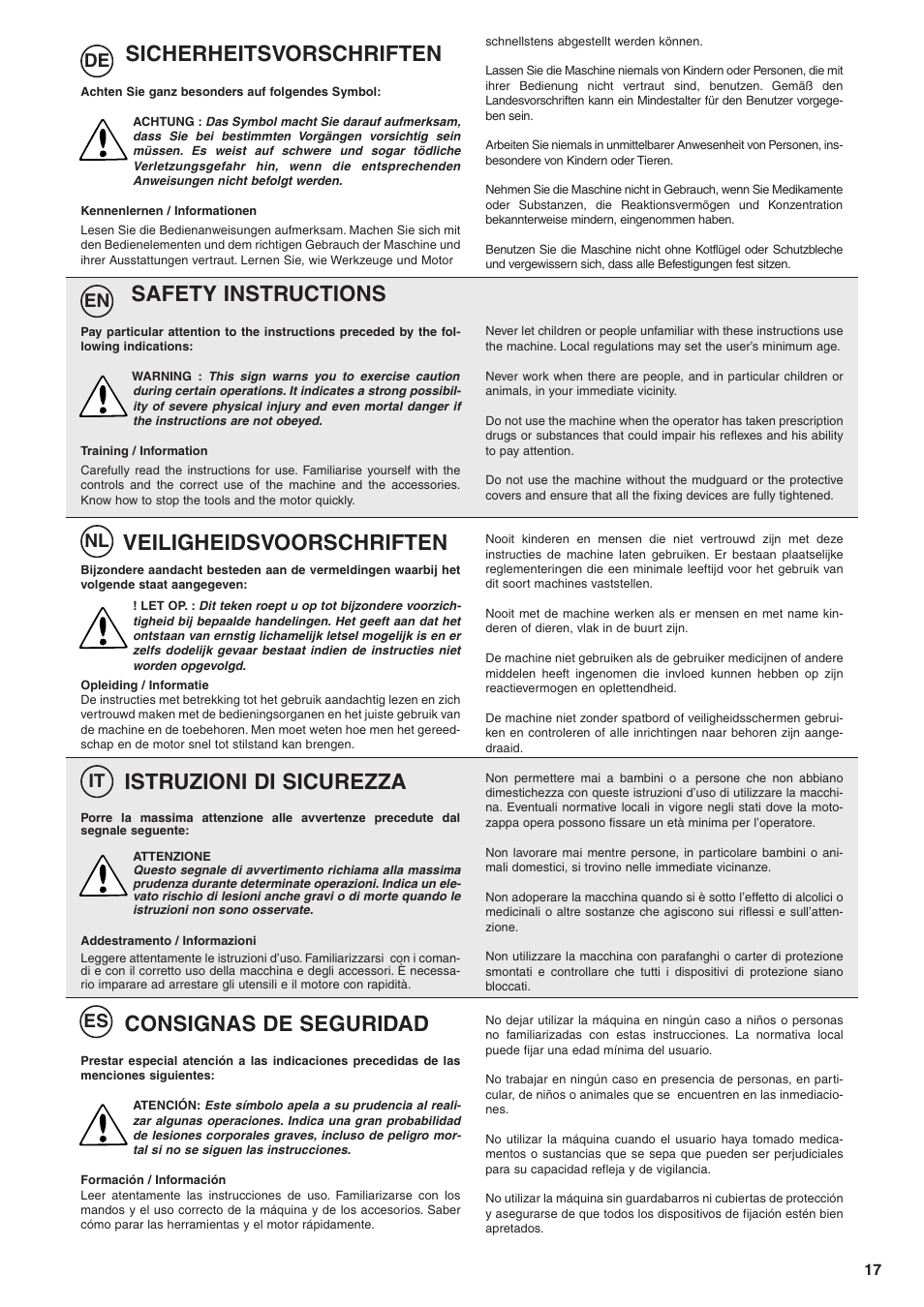 Sicherheitsvorschriften, Safety instructions, Istruzioni di sicurezza | Veiligheidsvoorschriften, Consignas de seguridad, De en nl it es | Husqvarna TB1000 User Manual | Page 18 / 44