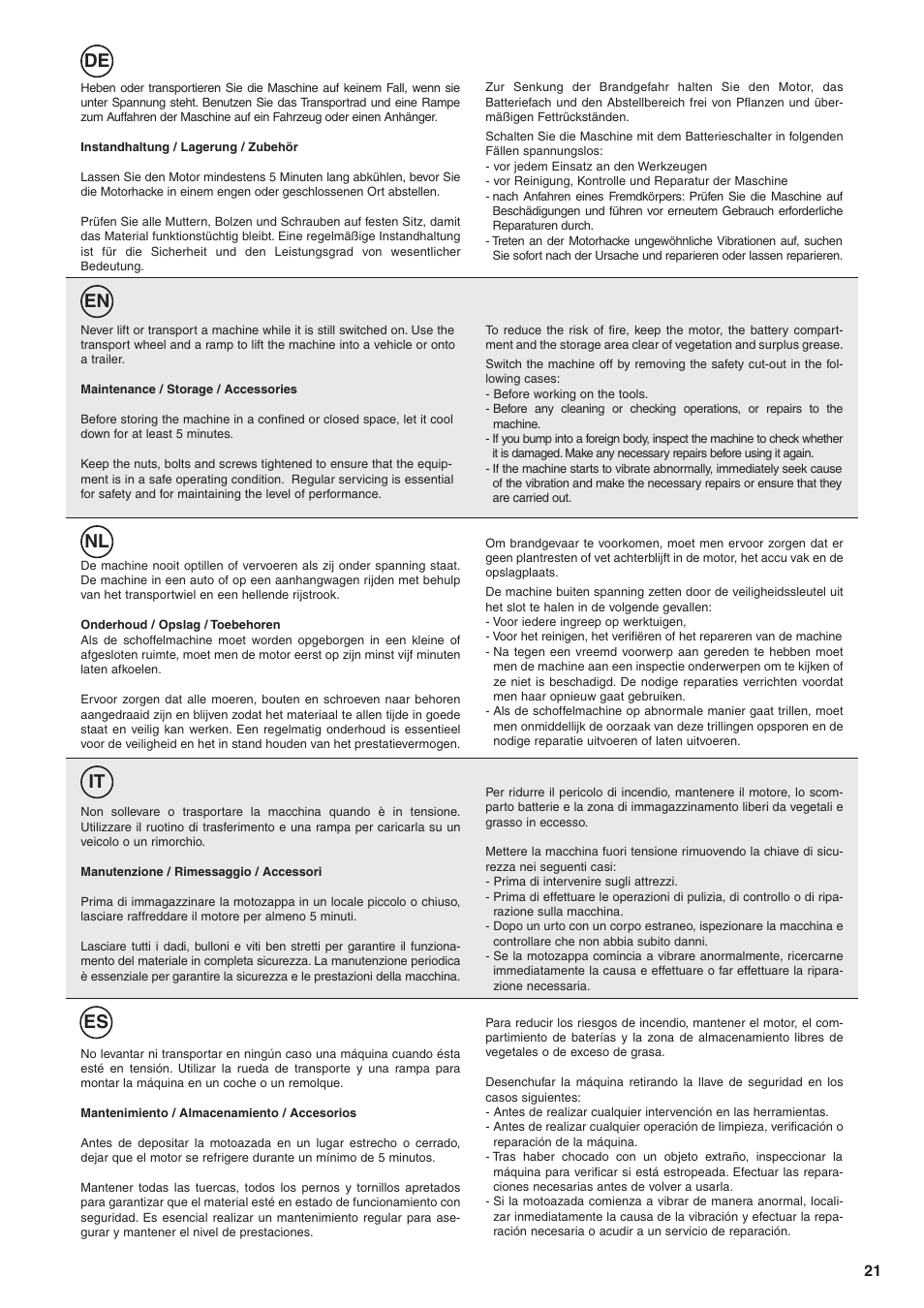 De en nl it es | Husqvarna TB1000 User Manual | Page 22 / 44
