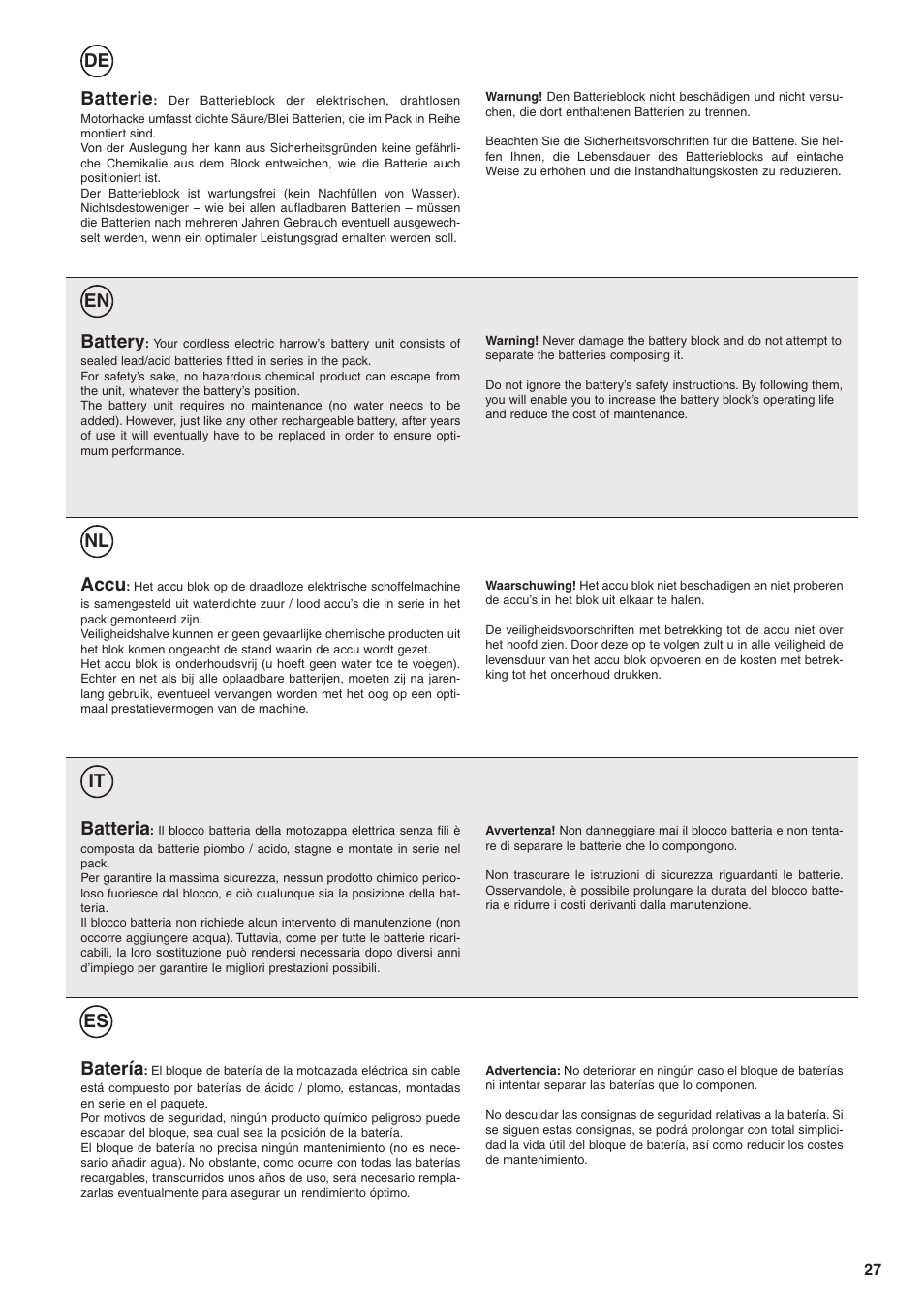 De en nl it es batterie, Battery, Batteria | Accu, Batería | Husqvarna TB1000 User Manual | Page 28 / 44