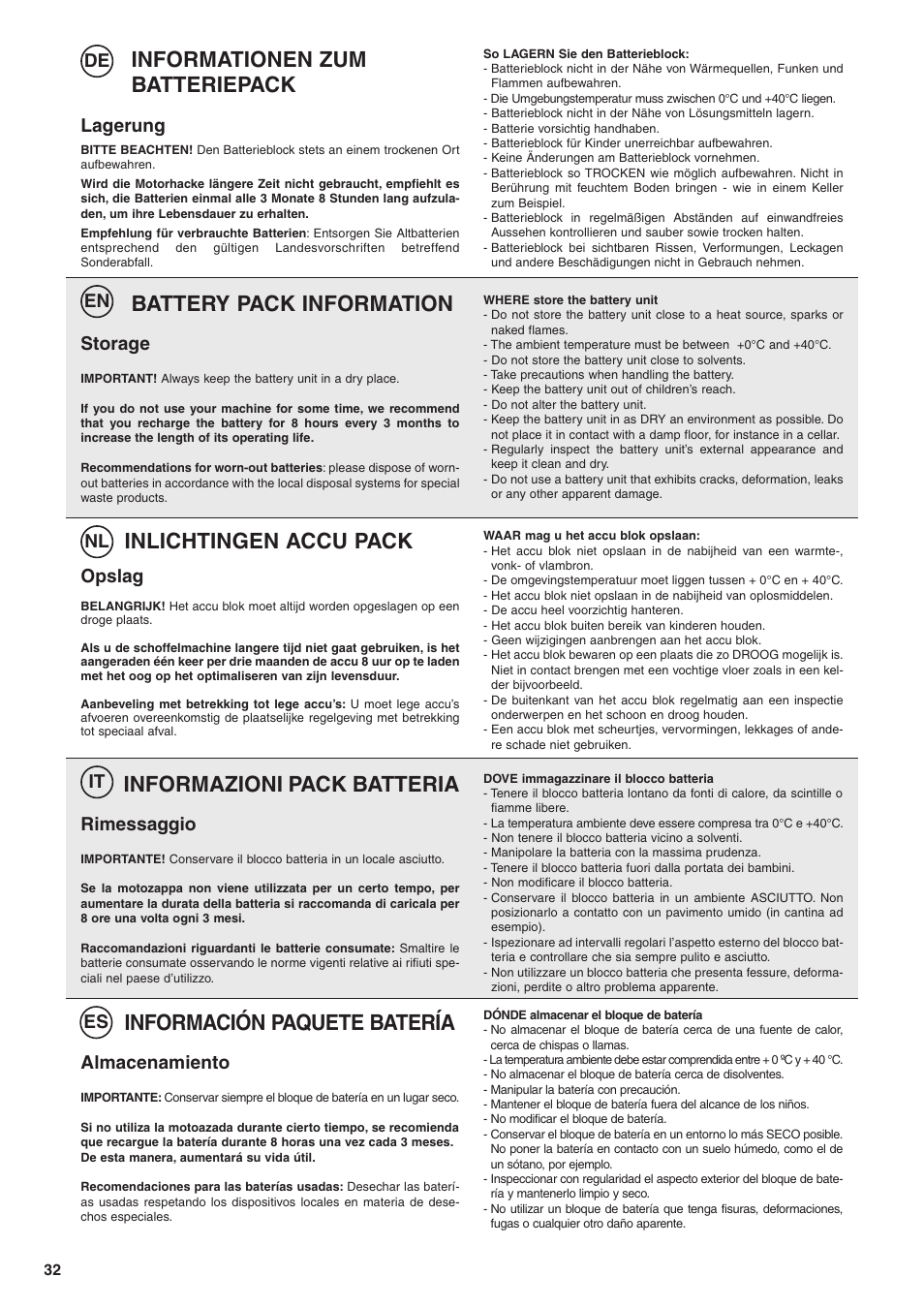 Informationen zum batteriepack, Battery pack information, Informazioni pack batteria | Inlichtingen accu pack, Información paquete batería, De en nl it es, Lagerung, Storage, Rimessaggio, Opslag | Husqvarna TB1000 User Manual | Page 33 / 44