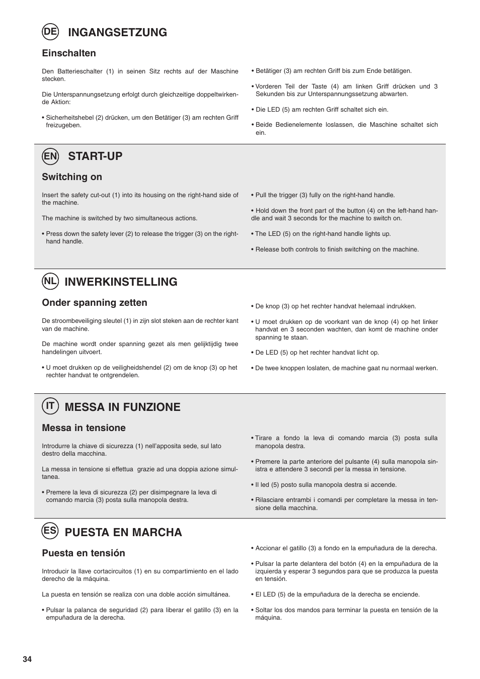 Ingangsetzung, Start-up, Messa in funzione | Inwerkinstelling, Puesta en marcha, De en nl it es, Einschalten, Switching on, Messa in tensione, Onder spanning zetten | Husqvarna TB1000 User Manual | Page 35 / 44