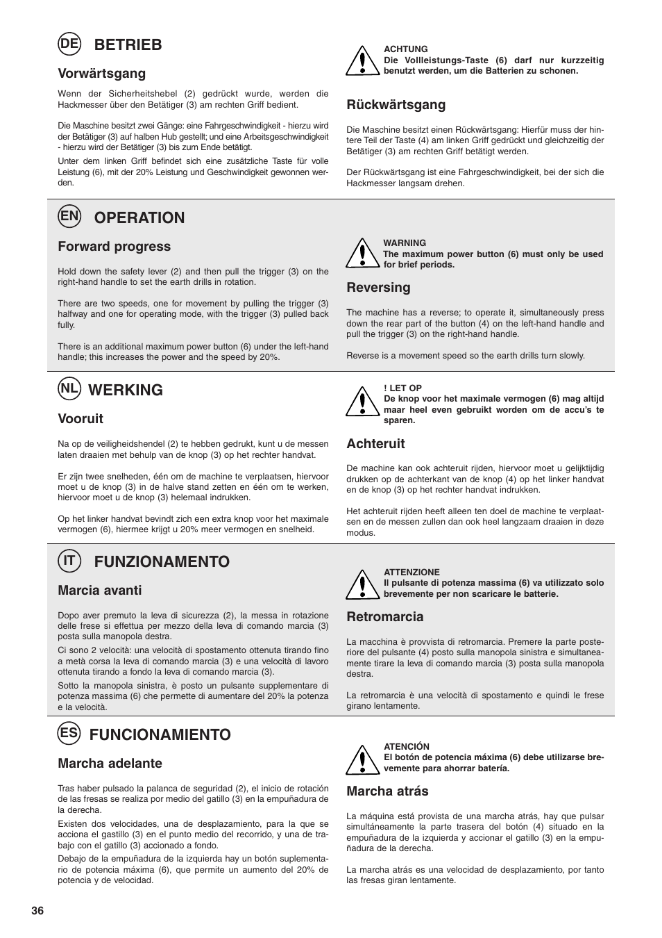Betrieb, Operation, Funzionamento | Werking, Funcionamiento, De en nl it es, Vorwärtsgang, Rückwärtsgang, Forward progress, Reversing | Husqvarna TB1000 User Manual | Page 37 / 44