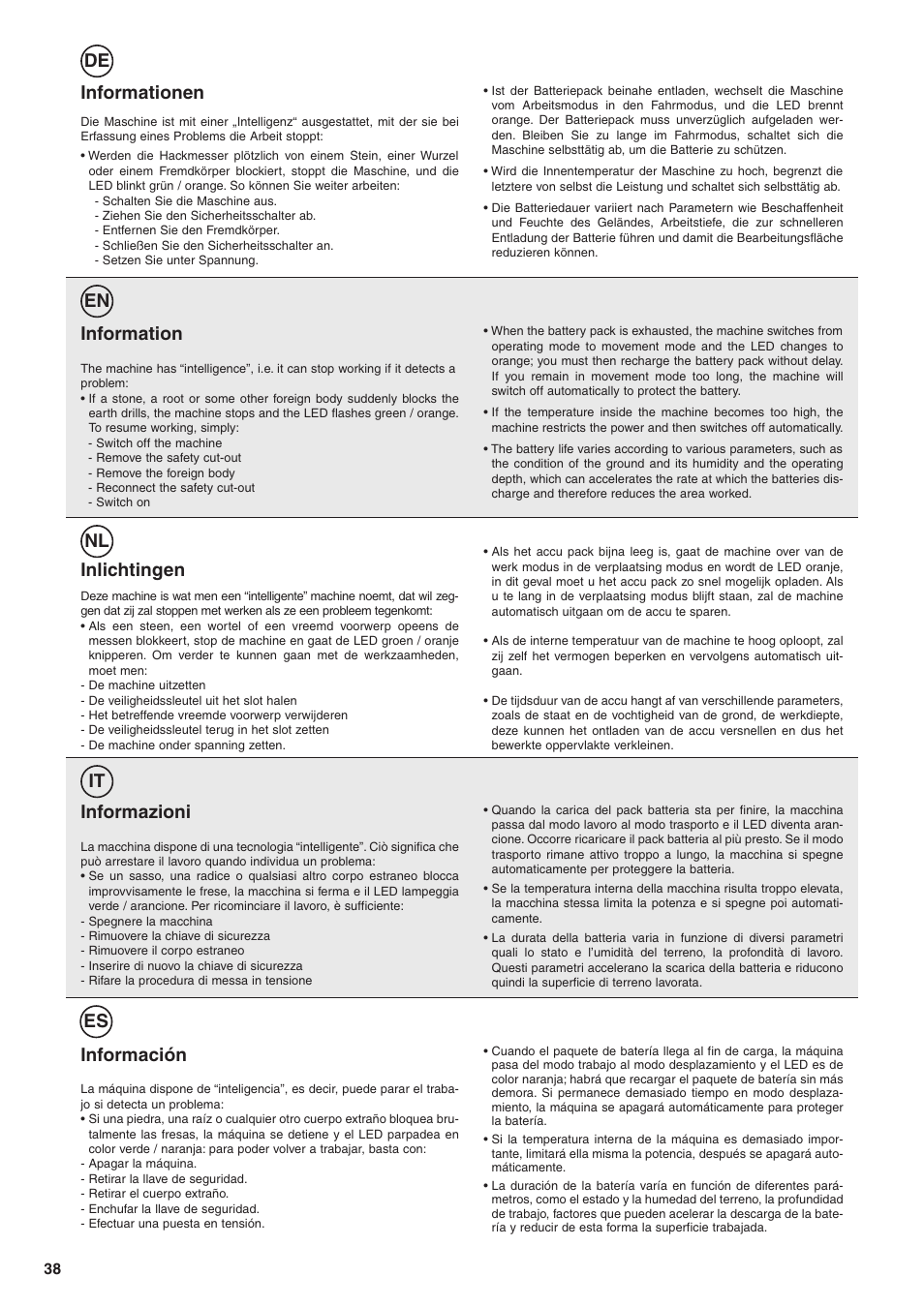 De en nl it es informationen, Information, Informazioni | Inlichtingen, Información | Husqvarna TB1000 User Manual | Page 39 / 44