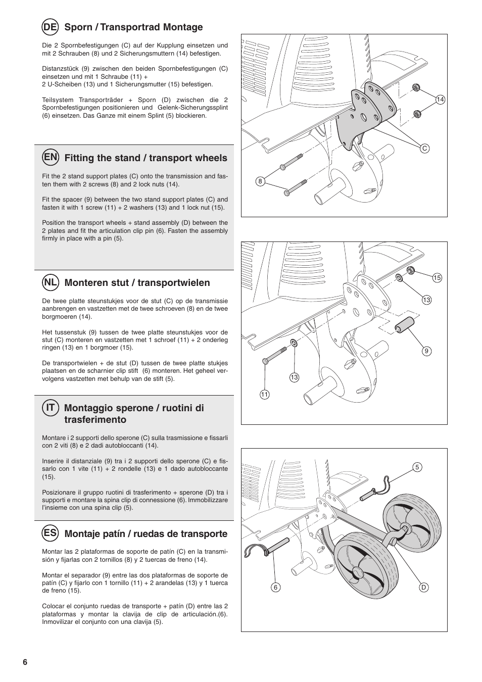 De en nl it es, Sporn / transportrad montage, Fitting the stand / transport wheels | Montaggio sperone / ruotini di trasferimento, Monteren stut / transportwielen, Montaje patín / ruedas de transporte | Husqvarna TB1000 User Manual | Page 7 / 44