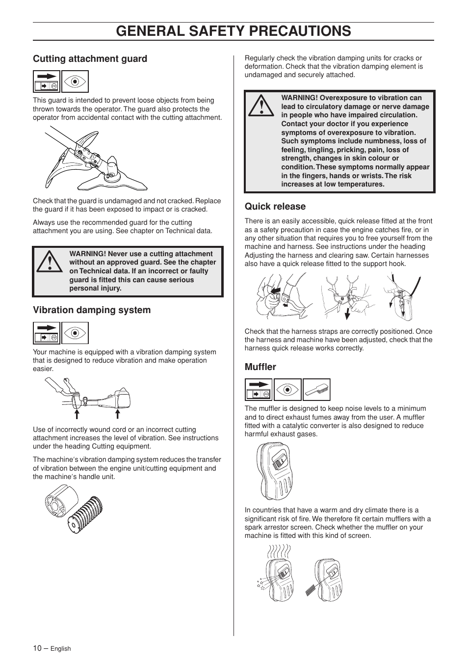 Cutting attachment guard, Vibration damping system, Quick release | Muffler, General safety precautions | Husqvarna 345FX User Manual | Page 10 / 44