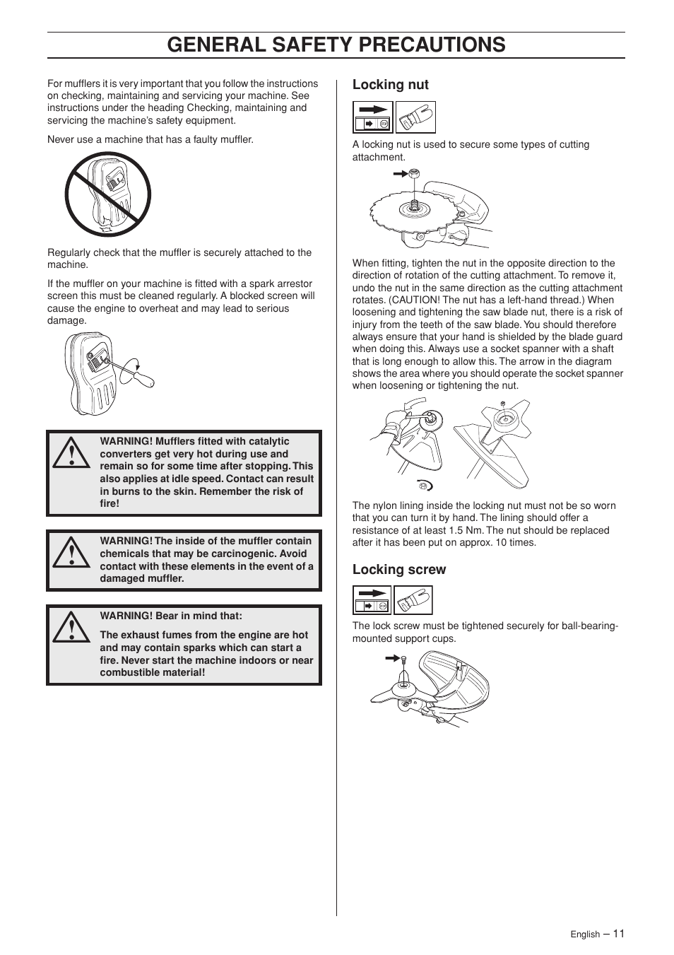 Locking nut, Locking screw, General safety precautions | Husqvarna 345FX User Manual | Page 11 / 44