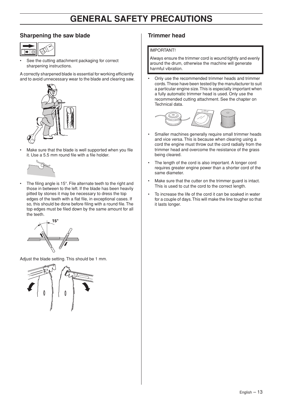 Sharpening the saw blade, Trimmer head, General safety precautions | Husqvarna 345FX User Manual | Page 13 / 44