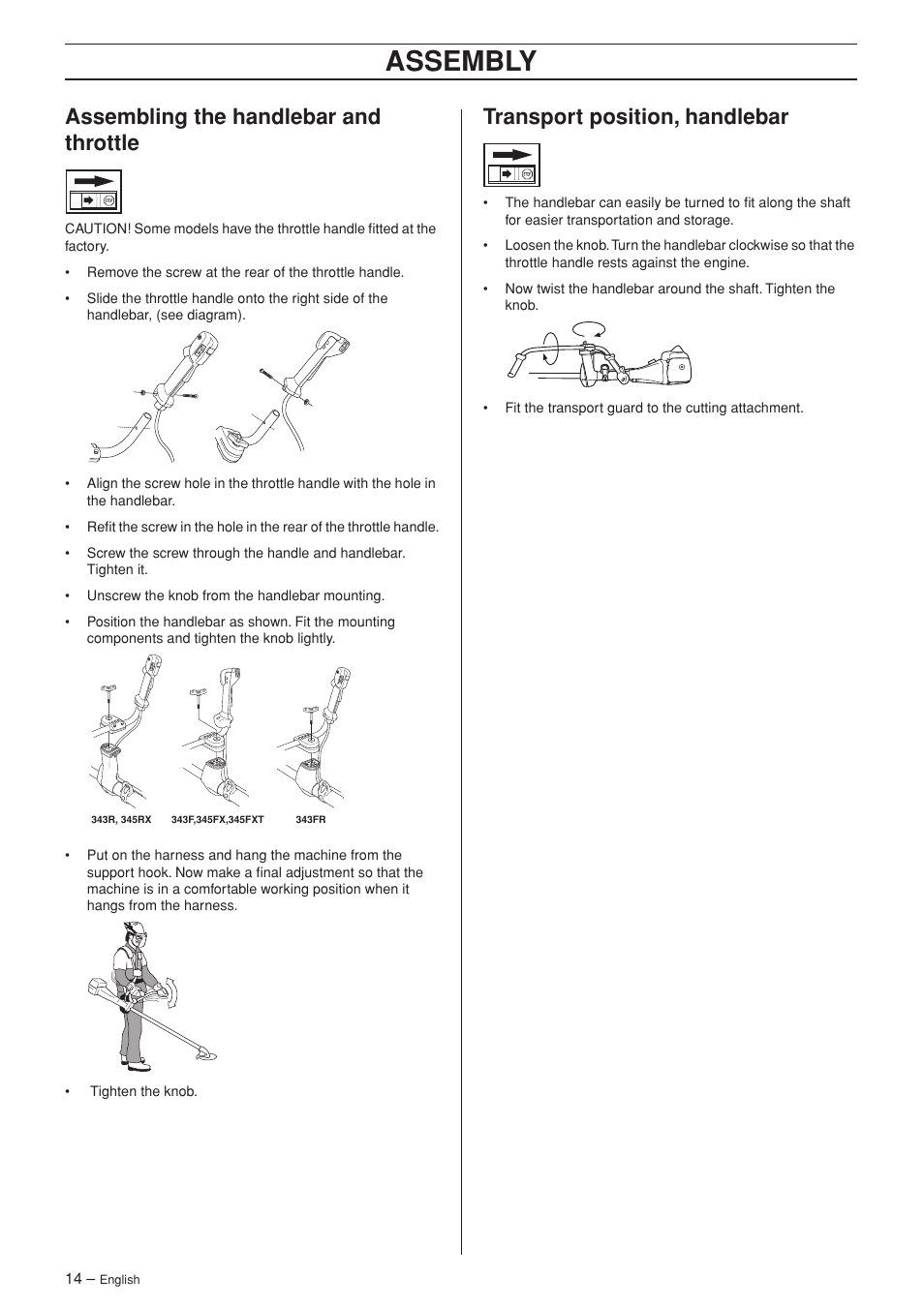 Assembling the handlebar and throttle, Transport position, handlebar, Assembly | Husqvarna 345FX User Manual | Page 14 / 44
