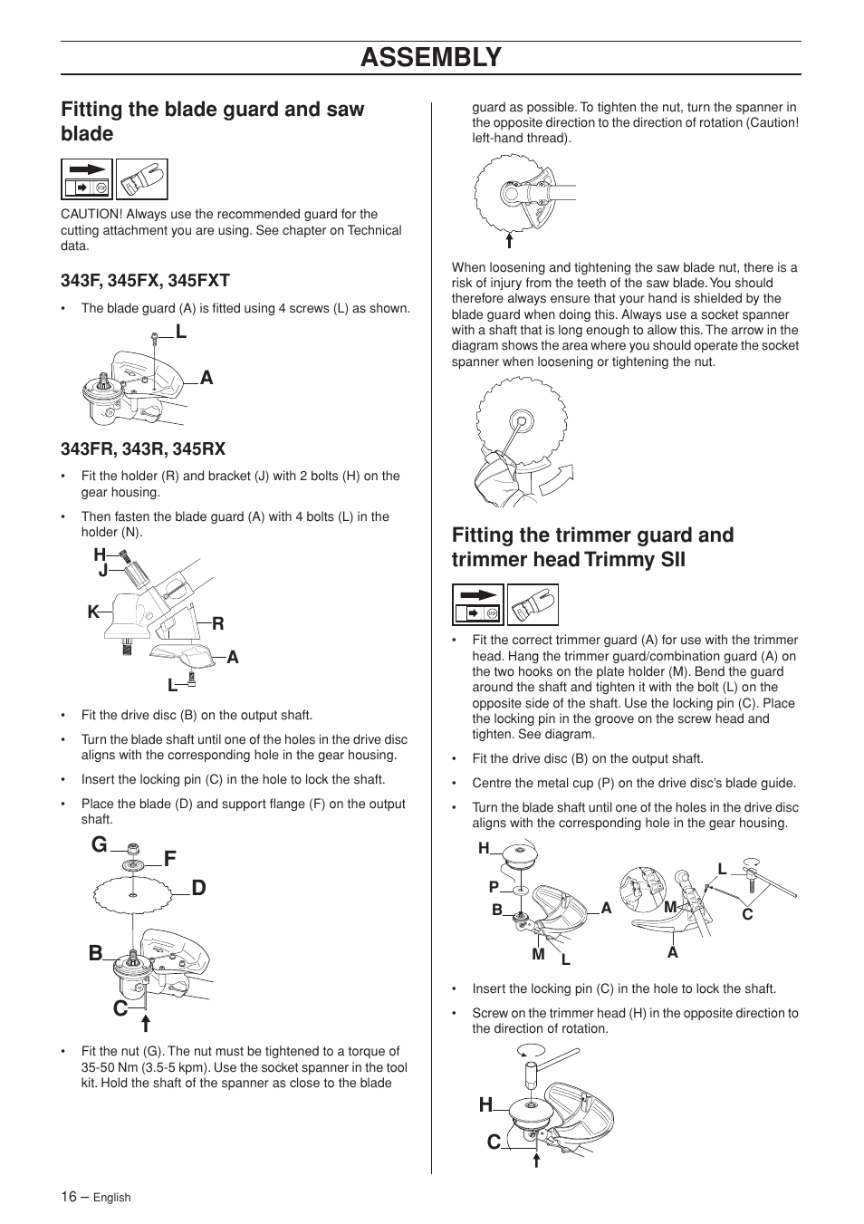 Fitting the blade guard and saw blade, 343f, 345fx, 345fxt, 343fr, 343r, 345rx | Assembly, Fg d b c | Husqvarna 345FX User Manual | Page 16 / 44