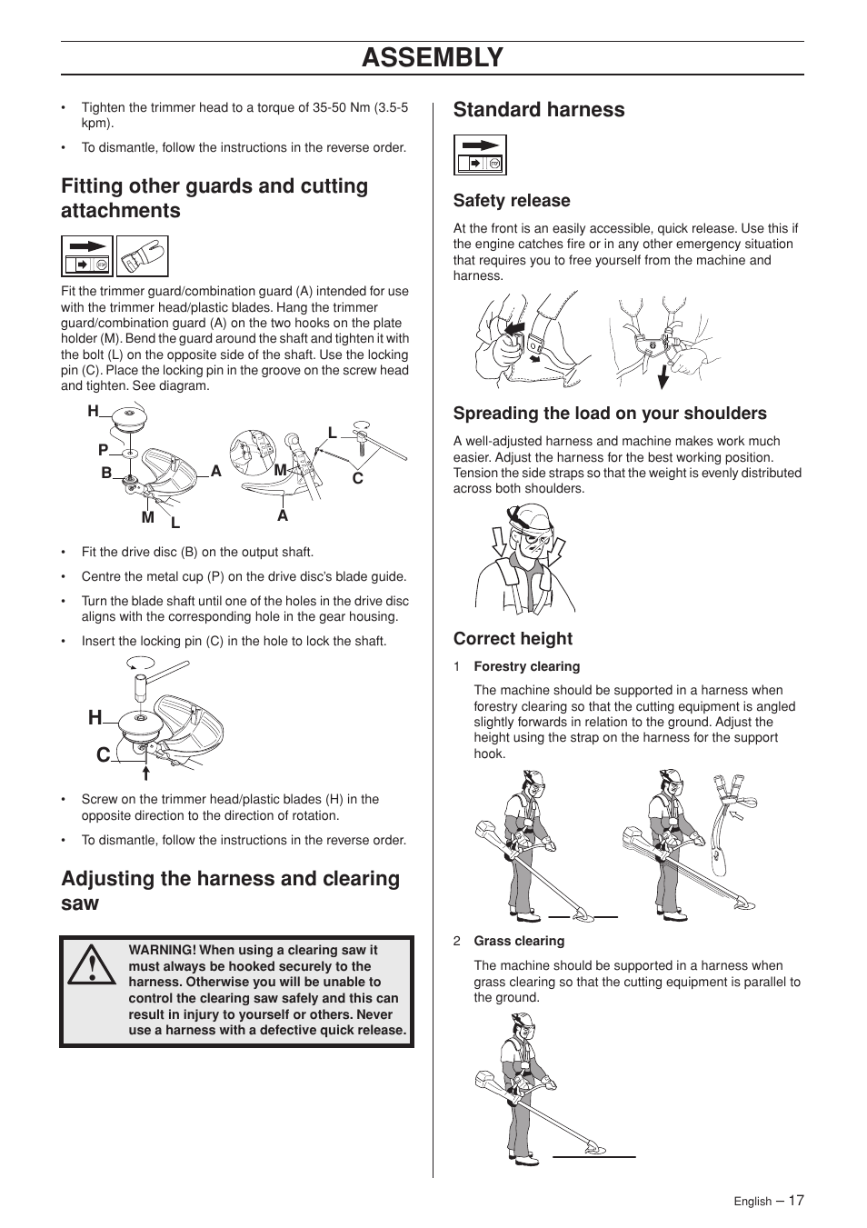 Fitting other guards and cutting attachments, Adjusting the harness and clearing saw, Standard harness | Safety release, Spreading the load on your shoulders, Correct height, Assembly | Husqvarna 345FX User Manual | Page 17 / 44