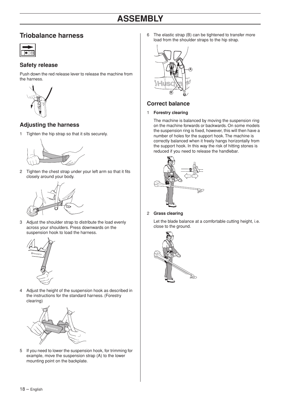 Triobalance harness, Safety release, Adjusting the harness | Correct balance, Assembly | Husqvarna 345FX User Manual | Page 18 / 44