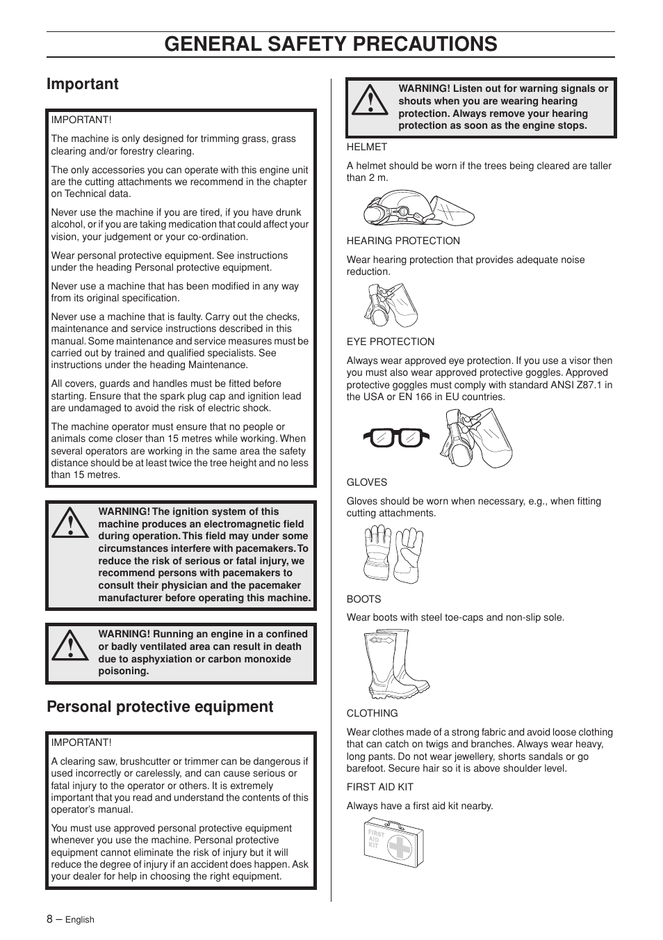 Important, Personal protective equipment, General safety preca utions | Impor tant personal protective equipment | Husqvarna 345FX User Manual | Page 8 / 44