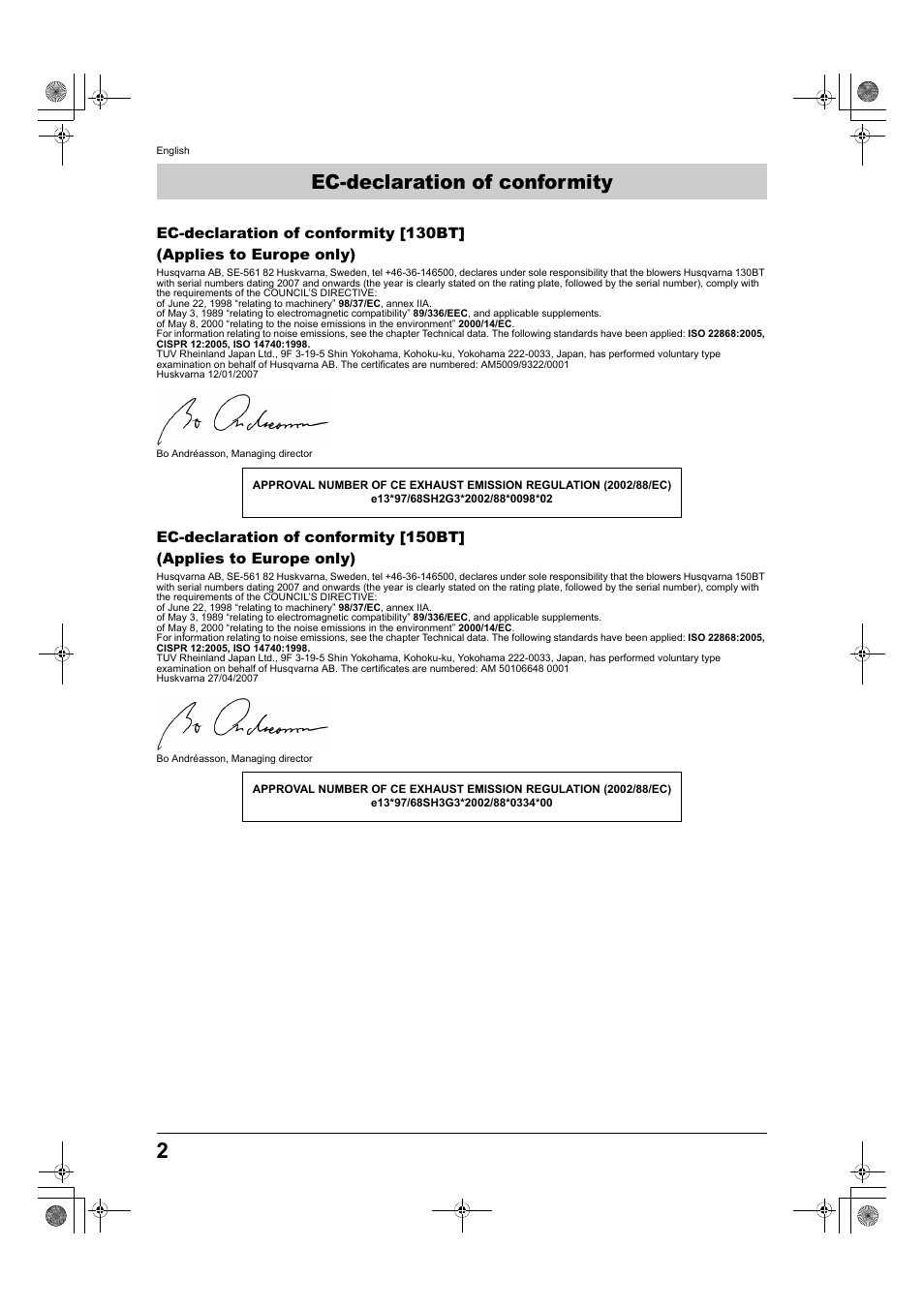 Ec-declaration of conformity | Husqvarna 150BT User Manual | Page 2 / 22