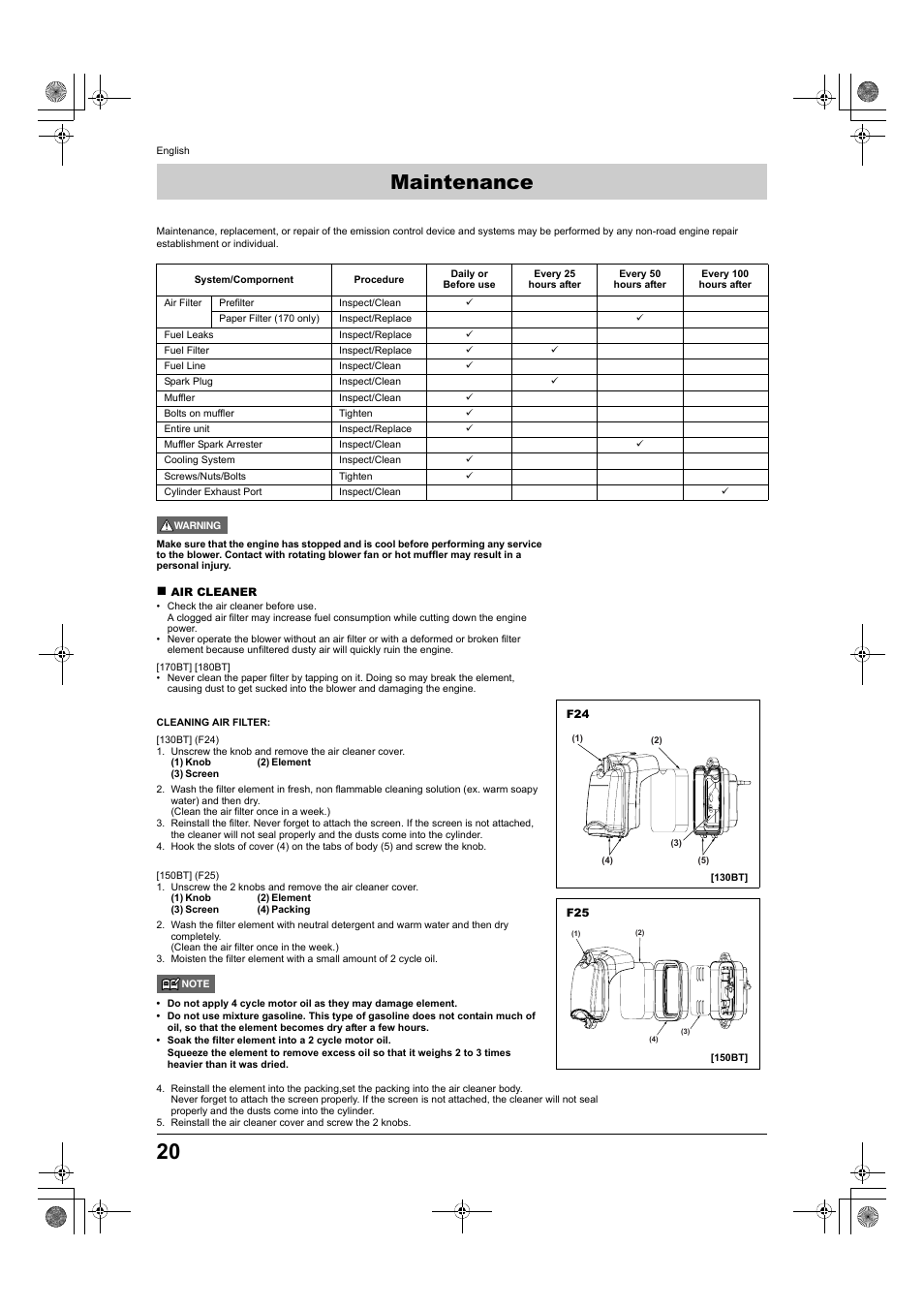 Maintenance | Husqvarna 150BT User Manual | Page 20 / 22