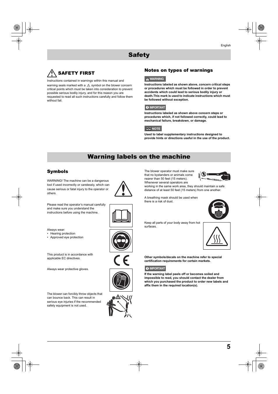 Warning labels on the machine safety | Husqvarna 150BT User Manual | Page 5 / 22