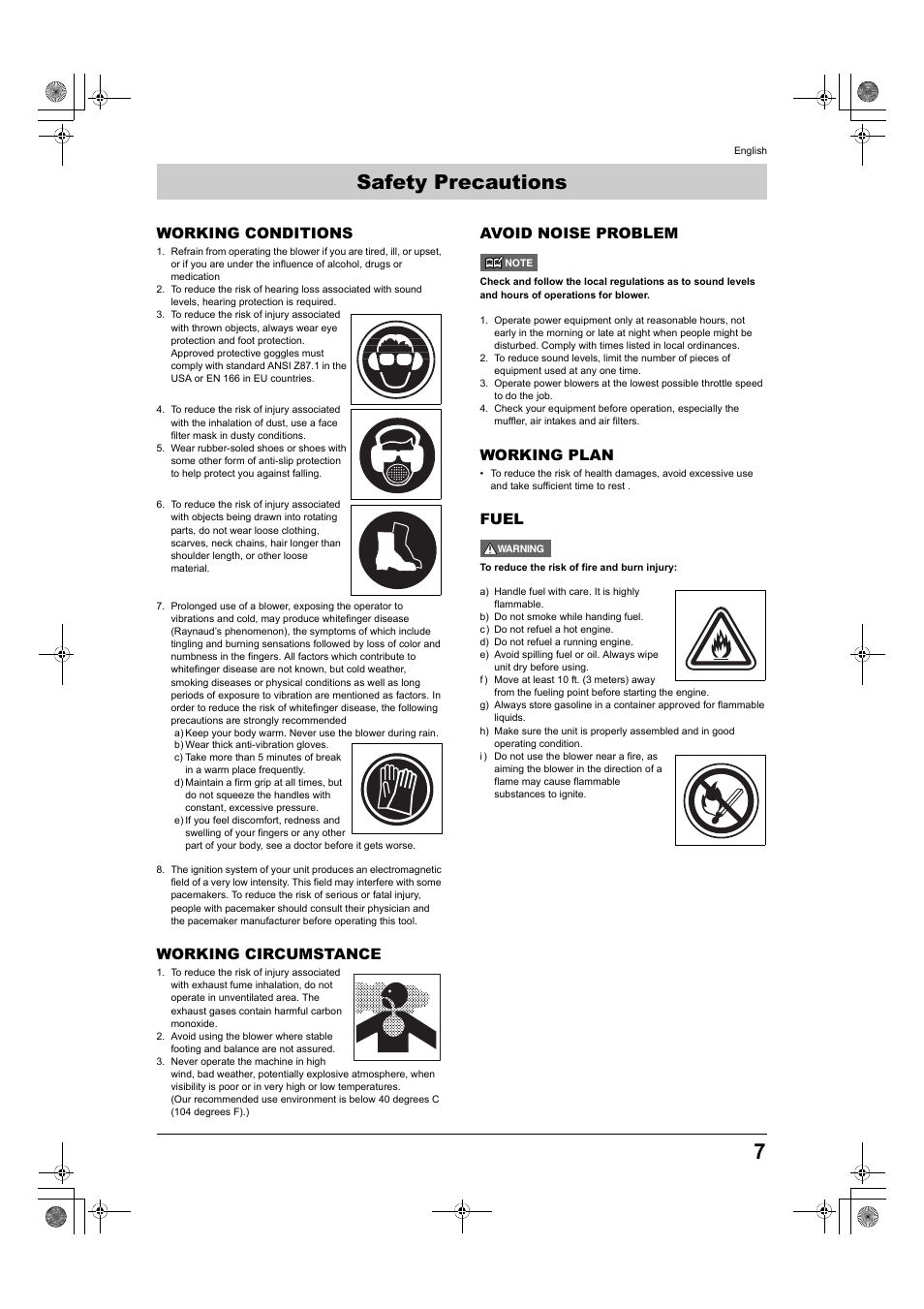 Safety precautions, Working conditions, Working circumstance | Avoid noise problem, Working plan, Fuel | Husqvarna 150BT User Manual | Page 7 / 22