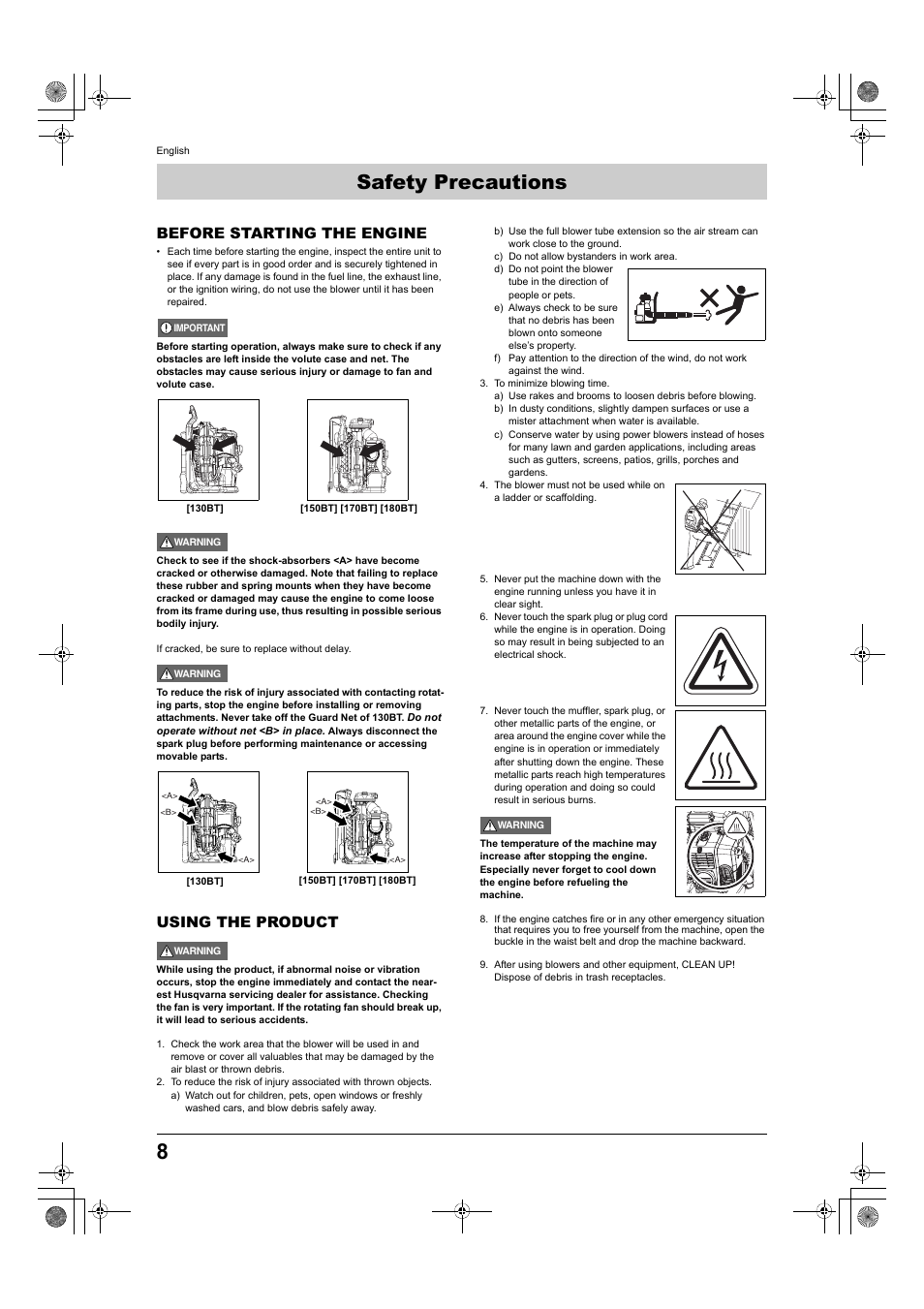 Safety precautions, Before starting the engine, Using the product | Husqvarna 150BT User Manual | Page 8 / 22