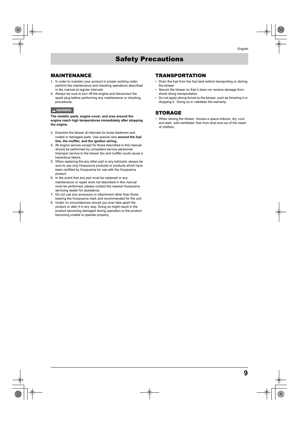 Safety precautions, Maintenance, Transportation | Storage | Husqvarna 150BT User Manual | Page 9 / 22