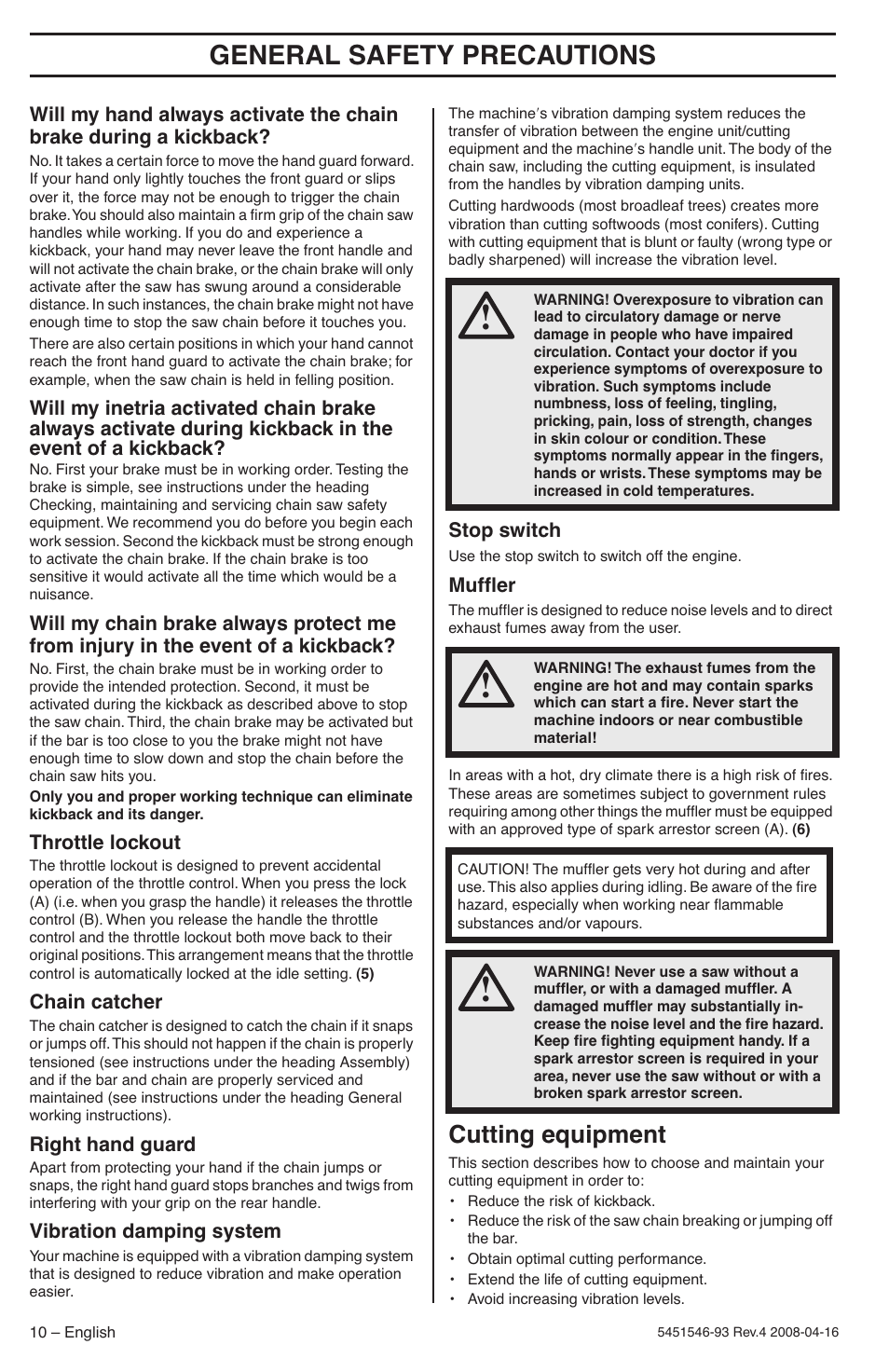Throttle lockout, Chain catcher, Right hand guard | Vibration damping system, Stop switch, Muffler, Cutting equipment, General safety precautions | Husqvarna 235 User Manual | Page 10 / 68