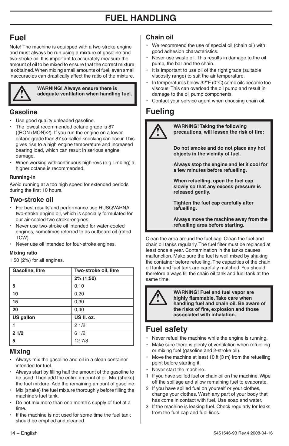 Fuel, Gasoline, Two-stroke oil | Mixing, Chain oil, Fueling, Fuel safety, Fuel handling | Husqvarna 235 User Manual | Page 14 / 68