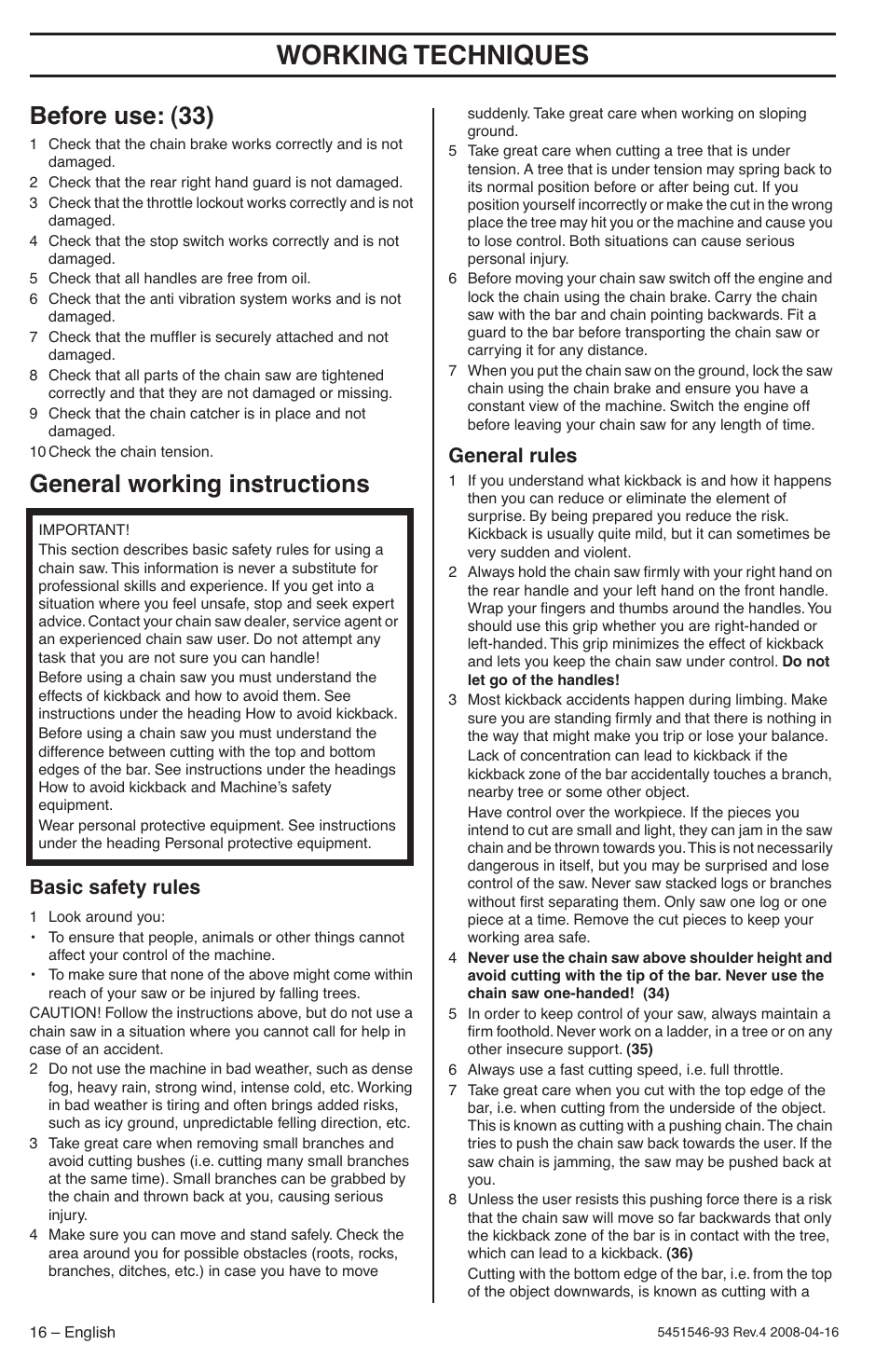 Before use: (33), General working instructions, Basic safety rules | General rules, Working techniques | Husqvarna 235 User Manual | Page 16 / 68