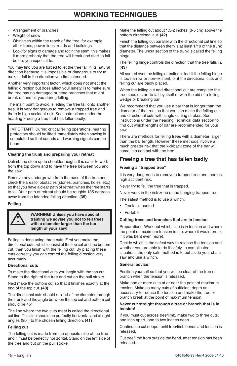 Freeing a tree that has fallen badly, Working techniques | Husqvarna 235 User Manual | Page 18 / 68