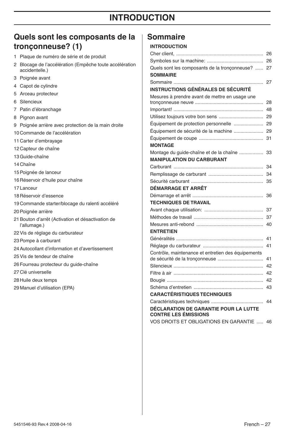 Quels sont les composants de la tronçonneuse? (1), Sommaire, Introduction | Husqvarna 235 User Manual | Page 27 / 68