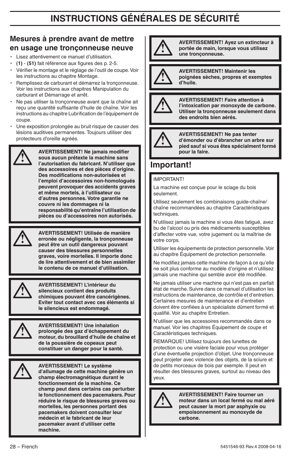 Instructions générales de sécurité, Important | Husqvarna 235 User Manual | Page 28 / 68