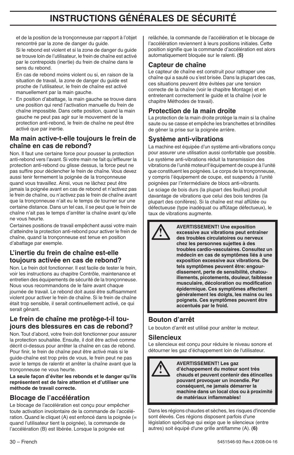 Blocage de l’accélération, Capteur de chaîne, Protection de la main droite | Système anti-vibrations, Bouton d’arrêt, Silencieux, Instructions générales de sécurité | Husqvarna 235 User Manual | Page 30 / 68