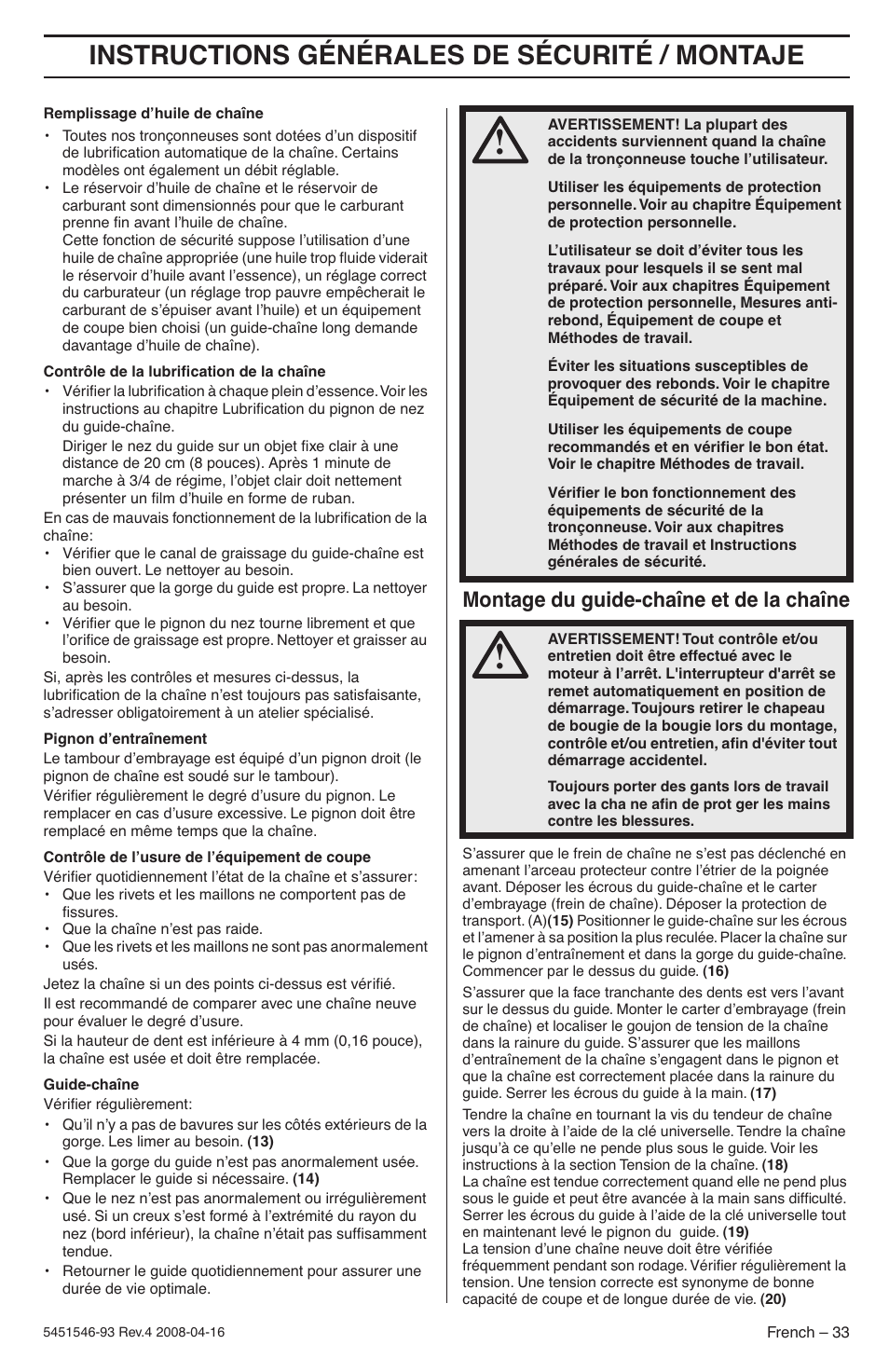 Montage du guide-chaîne et de la chaîne, Instructions générales de sécurité / montaje | Husqvarna 235 User Manual | Page 33 / 68