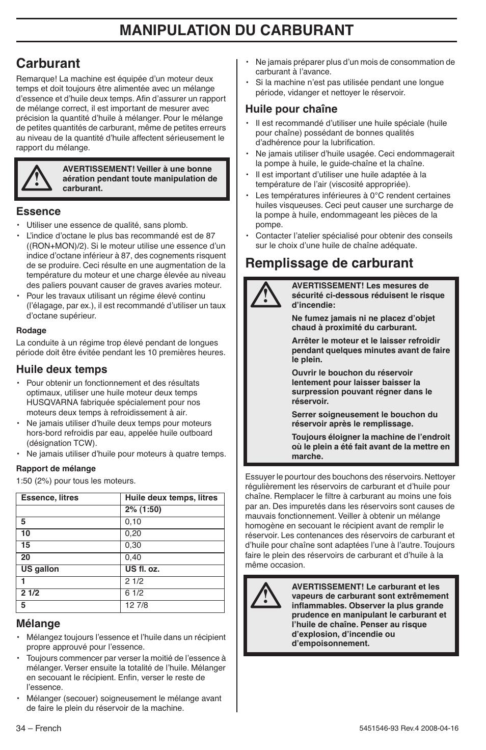 Carburant, Essence, Huile deux temps | Mélange, Huile pour chaîne, Remplissage de carburant, Manipulation du carburant | Husqvarna 235 User Manual | Page 34 / 68
