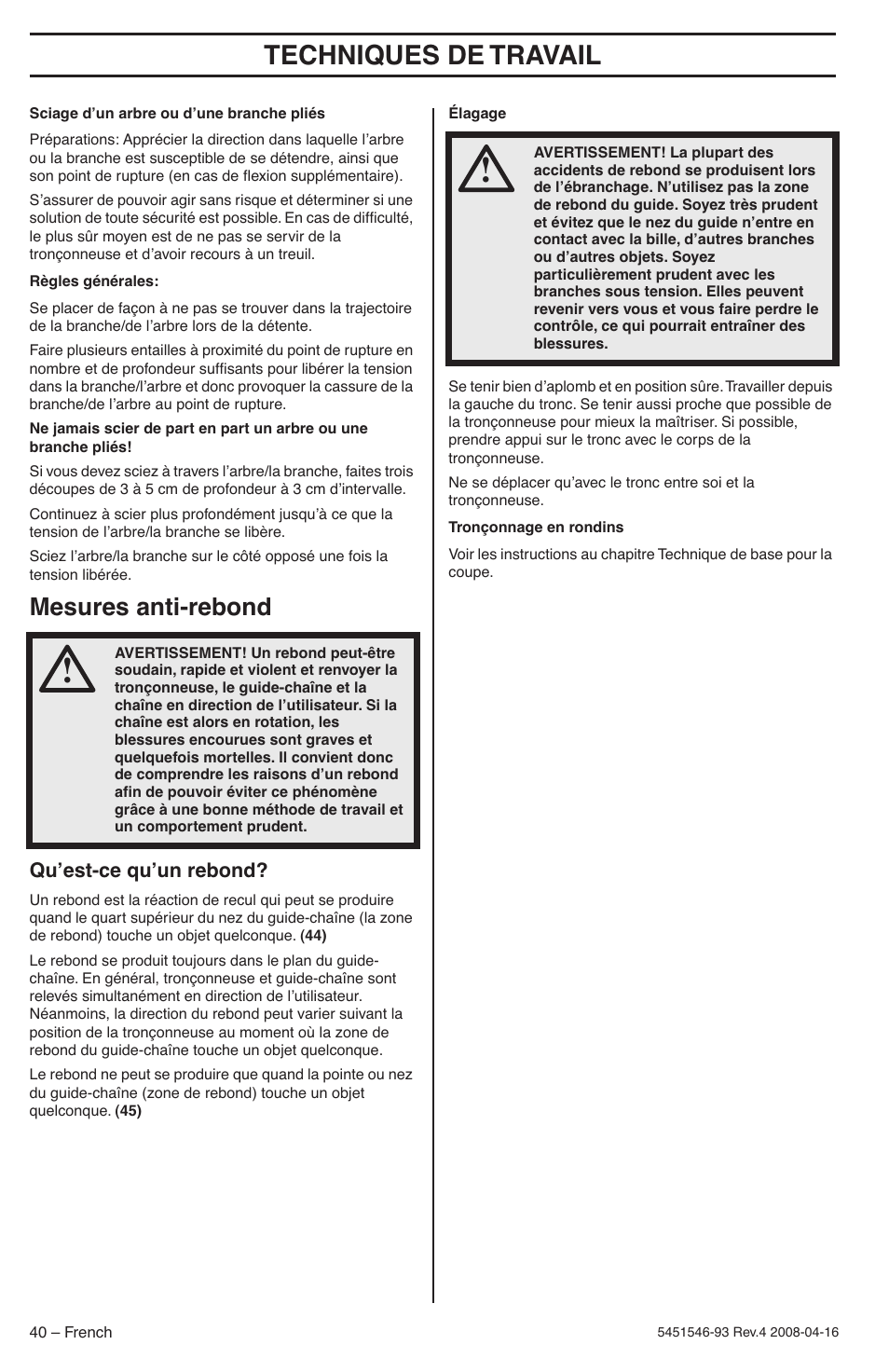 Mesures anti-rebond, Qu’est-ce qu’un rebond, Techniques de travail | Husqvarna 235 User Manual | Page 40 / 68