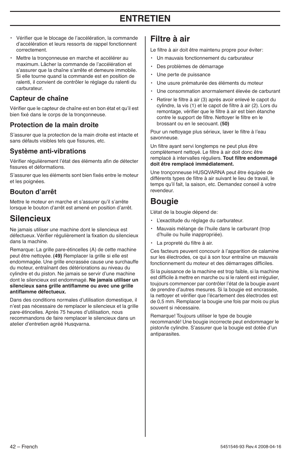 Capteur de chaîne, Protection de la main droite, Système anti-vibrations | Bouton d’arrêt, Silencieux, Filtre à air, Bougie, Entretien | Husqvarna 235 User Manual | Page 42 / 68