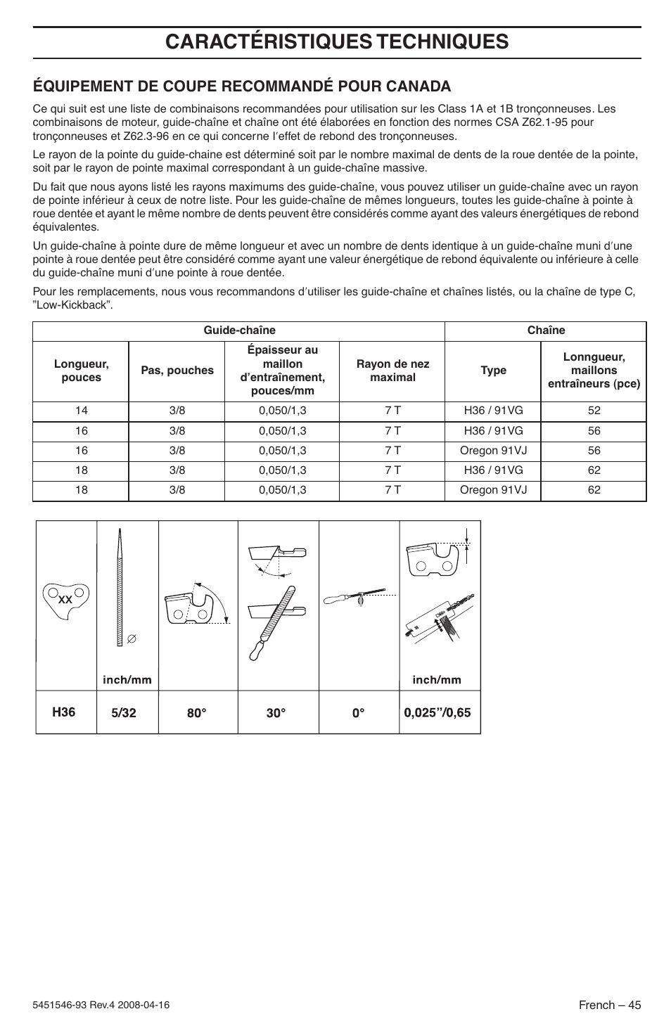 Équipement de coupe recommandé pour canada, Caractéristiques techniques | Husqvarna 235 User Manual | Page 45 / 68