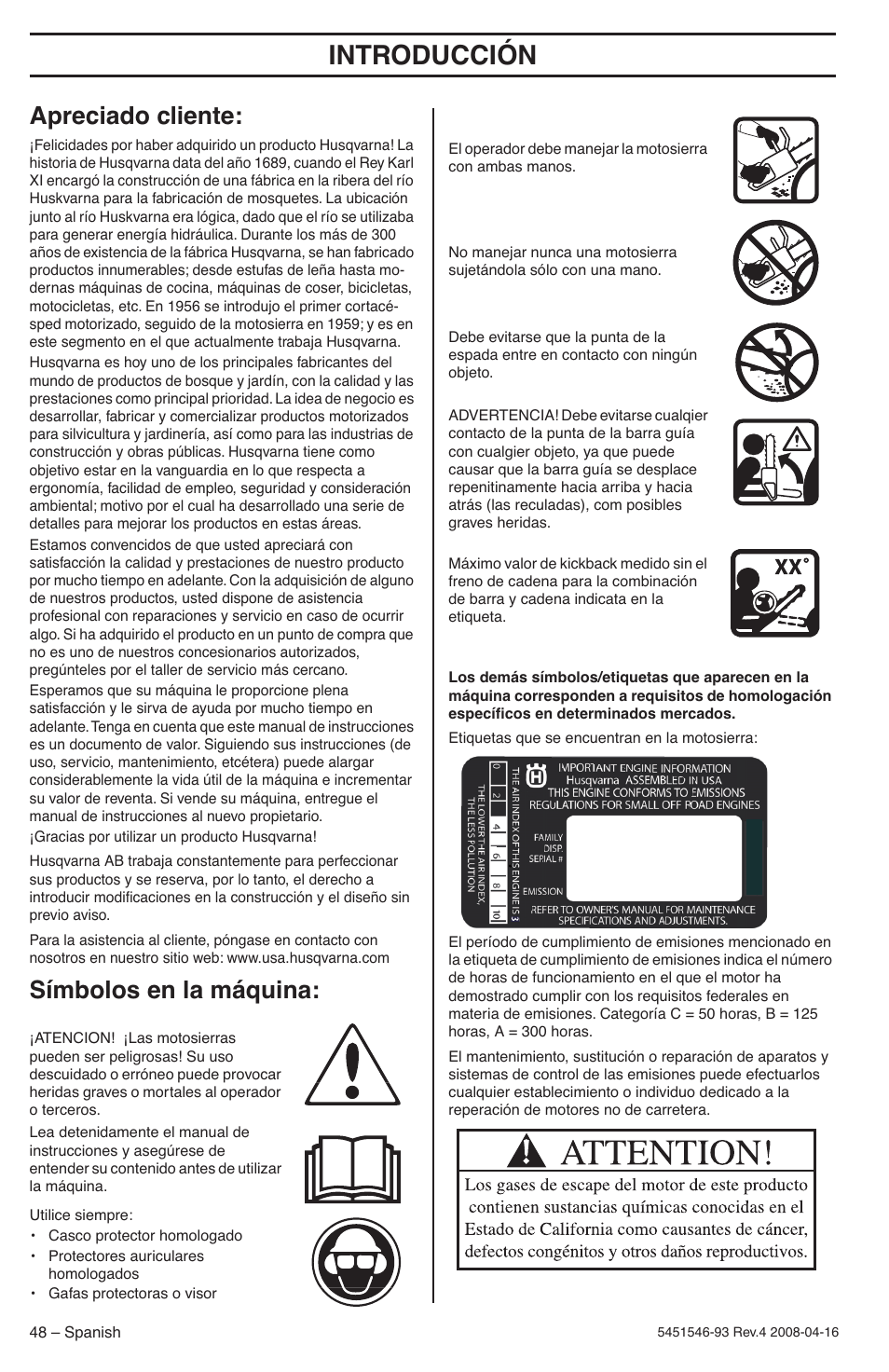 Apreciado cliente, Símbolos en la máquina, Introducción | Husqvarna 235 User Manual | Page 48 / 68