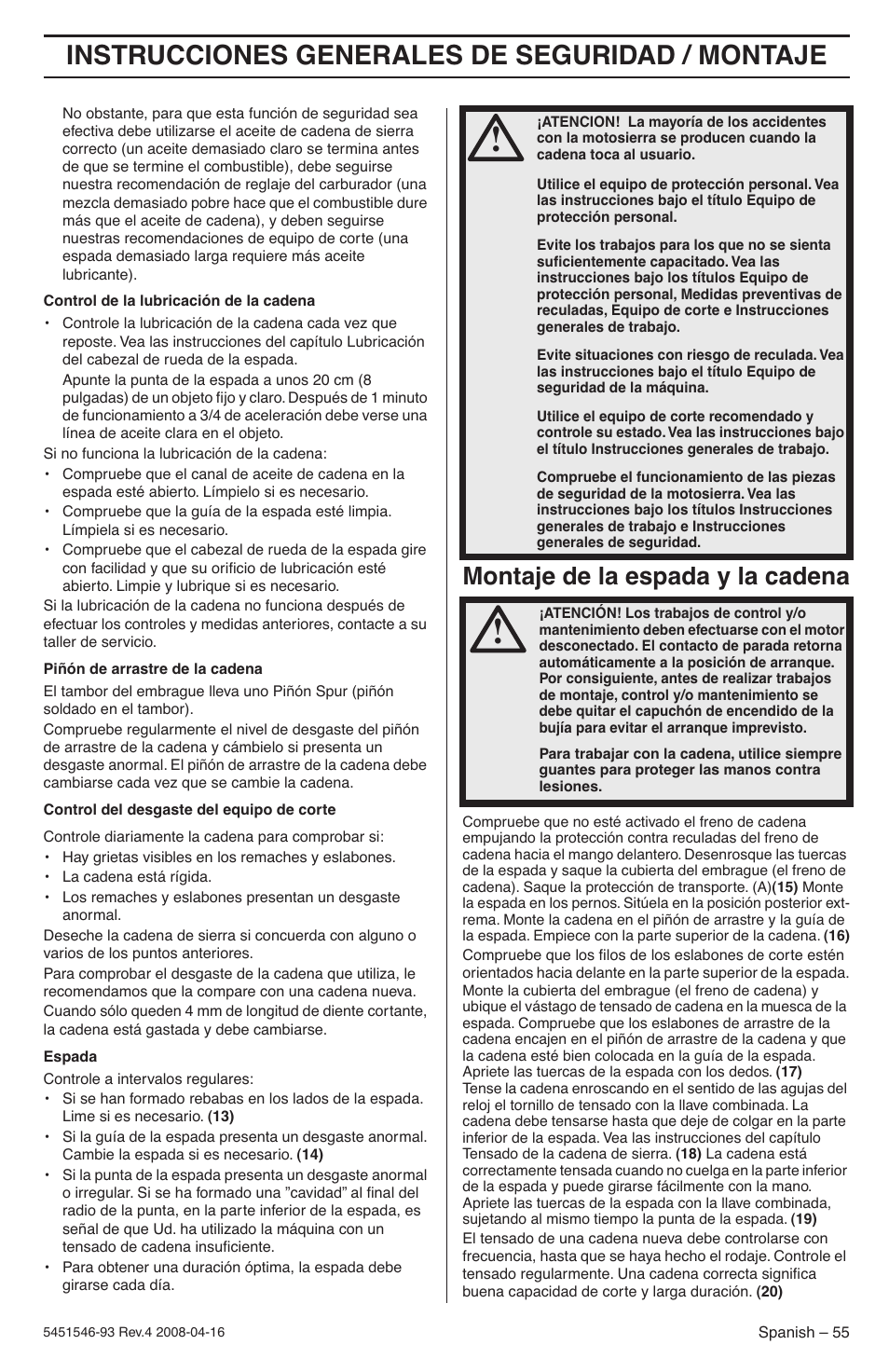 Montaje de la espada y la cadena, Instrucciones generales de seguridad / montaje | Husqvarna 235 User Manual | Page 55 / 68