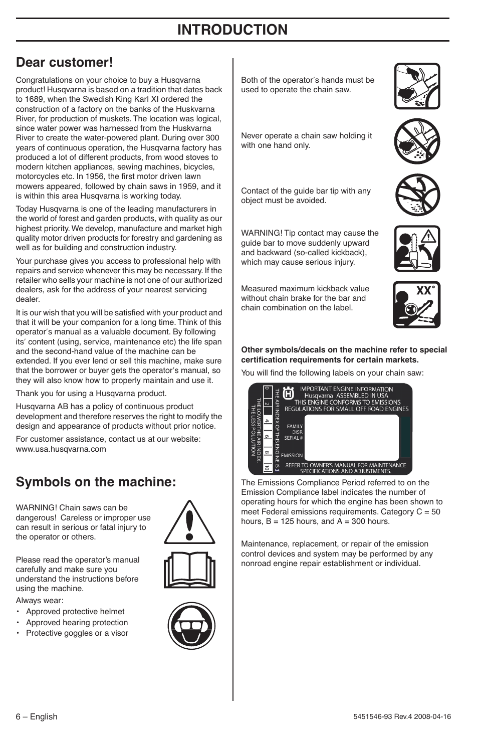 Dear customer, Symbols on the machine, Intr oduction | Husqvarna 235 User Manual | Page 6 / 68