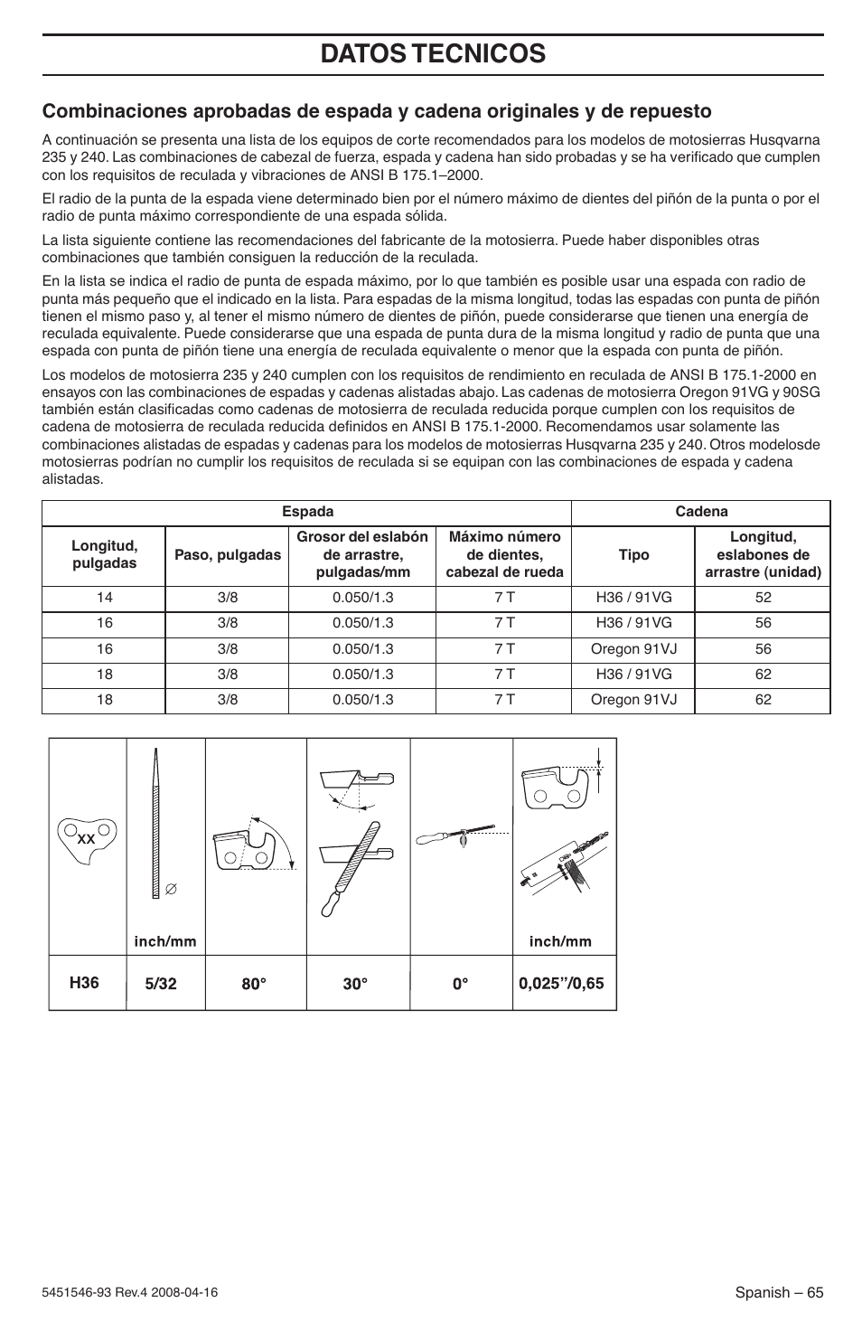 Datos tecnicos | Husqvarna 235 User Manual | Page 65 / 68