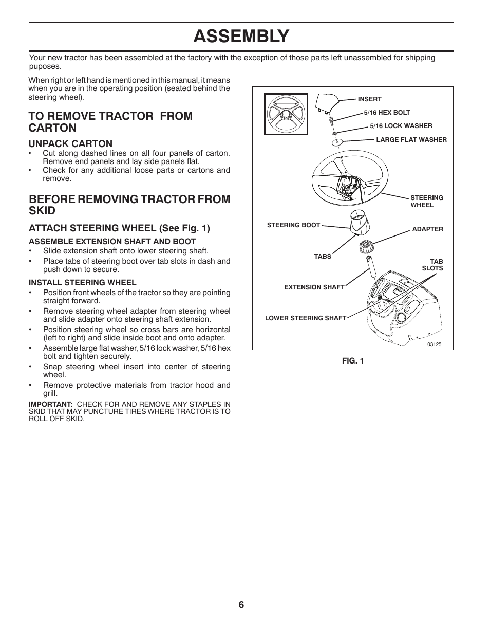 Assembly, Before removing tractor from skid | Husqvarna 96043002402 User Manual | Page 6 / 44