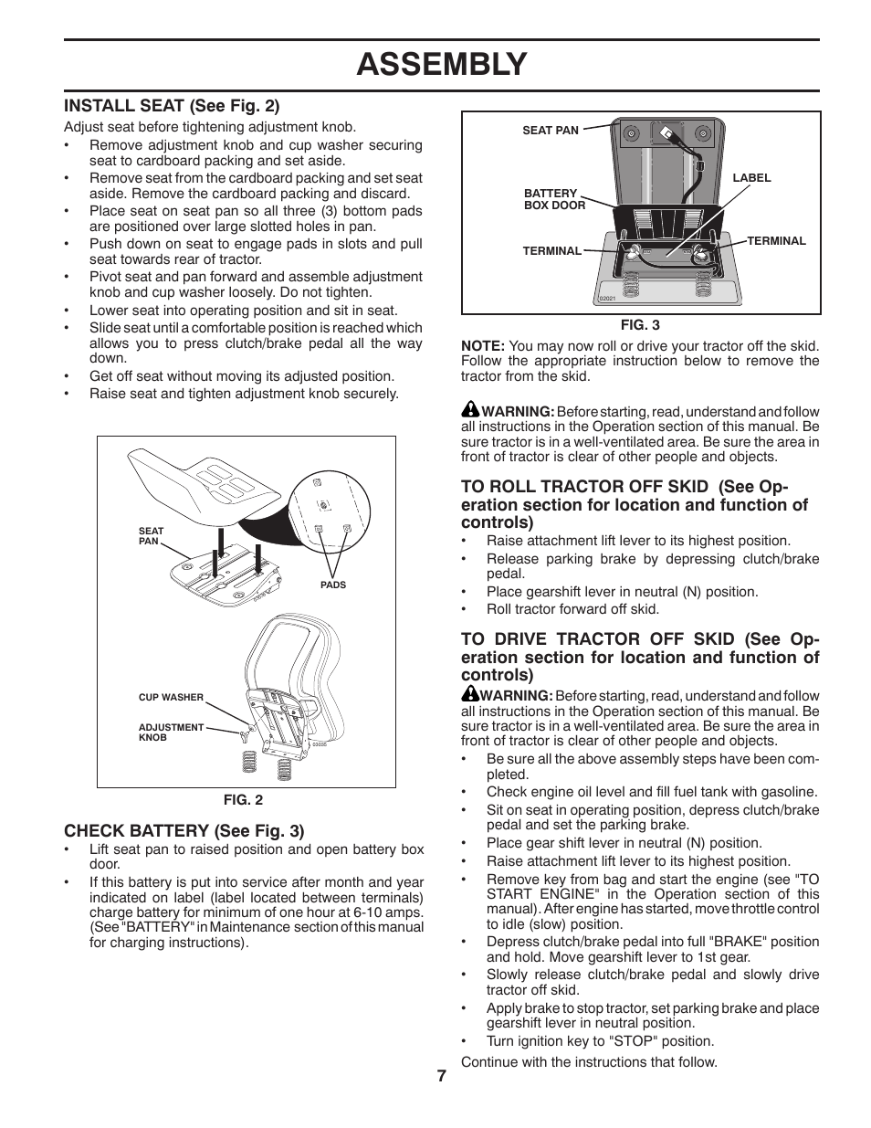 Assembly, Install seat (see fig. 2), Check battery (see fig. 3) | Husqvarna 96043002402 User Manual | Page 7 / 44