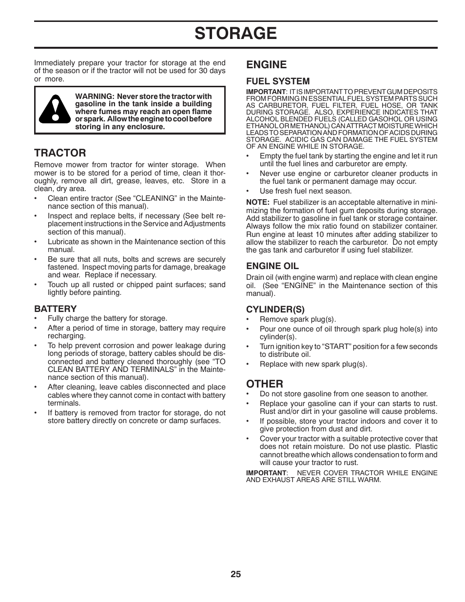 Storage, Tractor, Engine | Other | Husqvarna 2354GXLS User Manual | Page 25 / 46