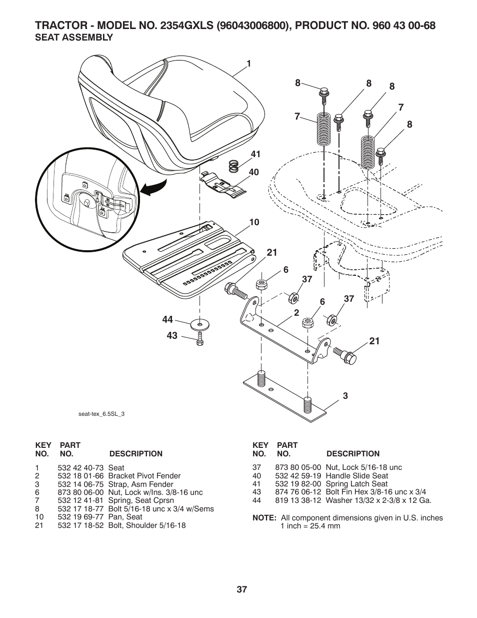 Seat | Husqvarna 2354GXLS User Manual | Page 37 / 46