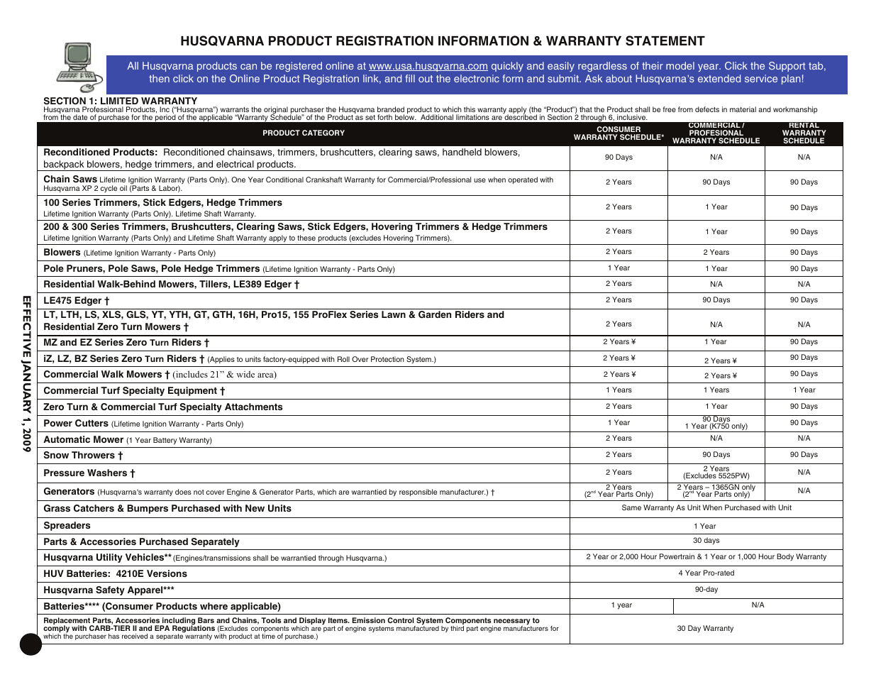 Warranty statement, Ret ailer w arranty policy & pr ocedure manu al | Husqvarna 2354GXLS User Manual | Page 44 / 46