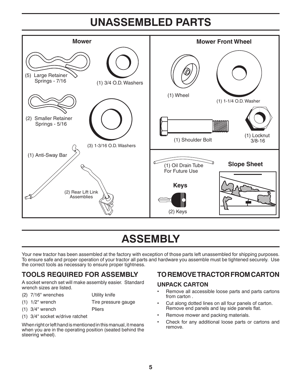 Unassembled parts, Assembly, Tools required for assembly | Husqvarna 2354GXLS User Manual | Page 5 / 46